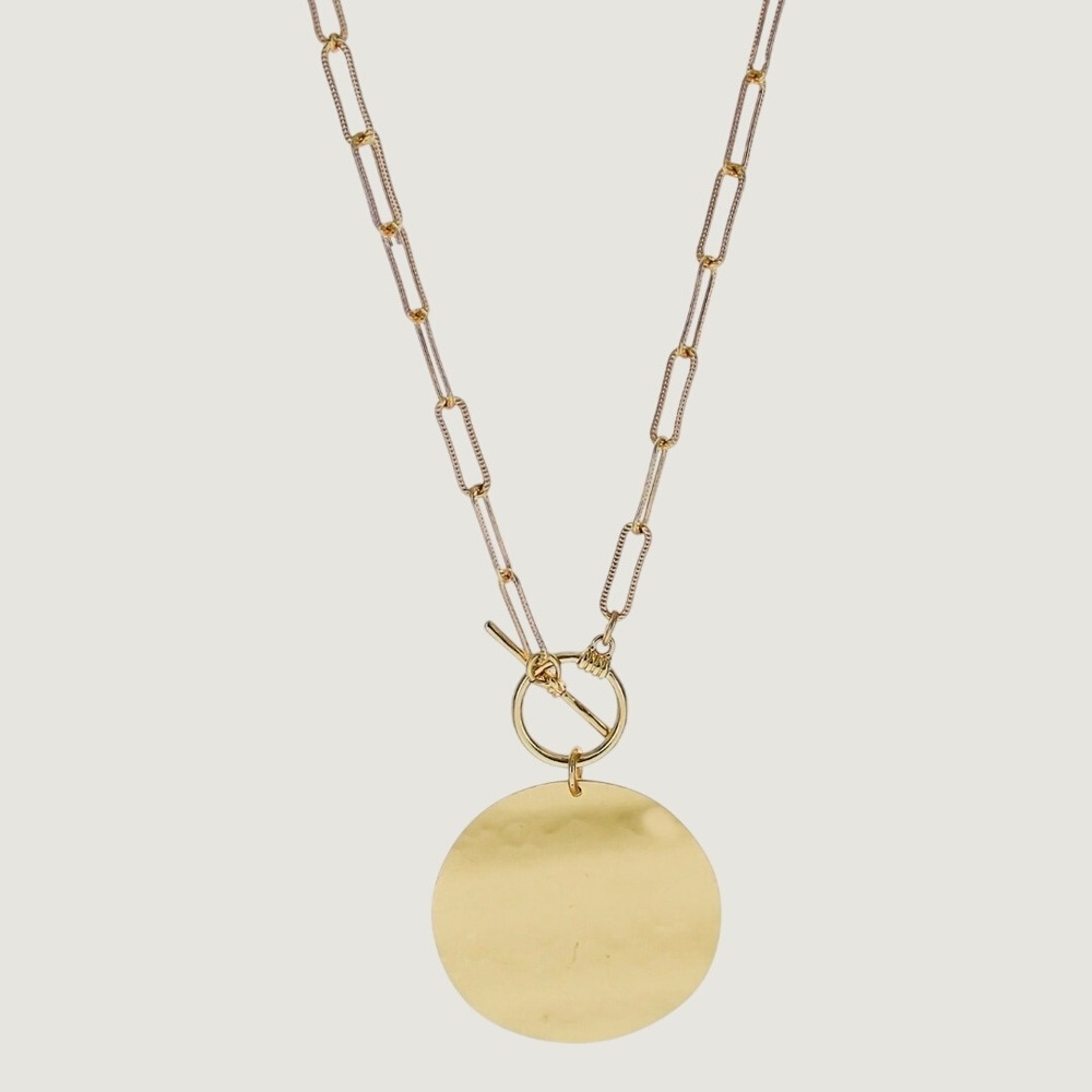 Bold Gold Hammered Coin Pendant Toggle‎ Paperclip Chain Necklace Modernist